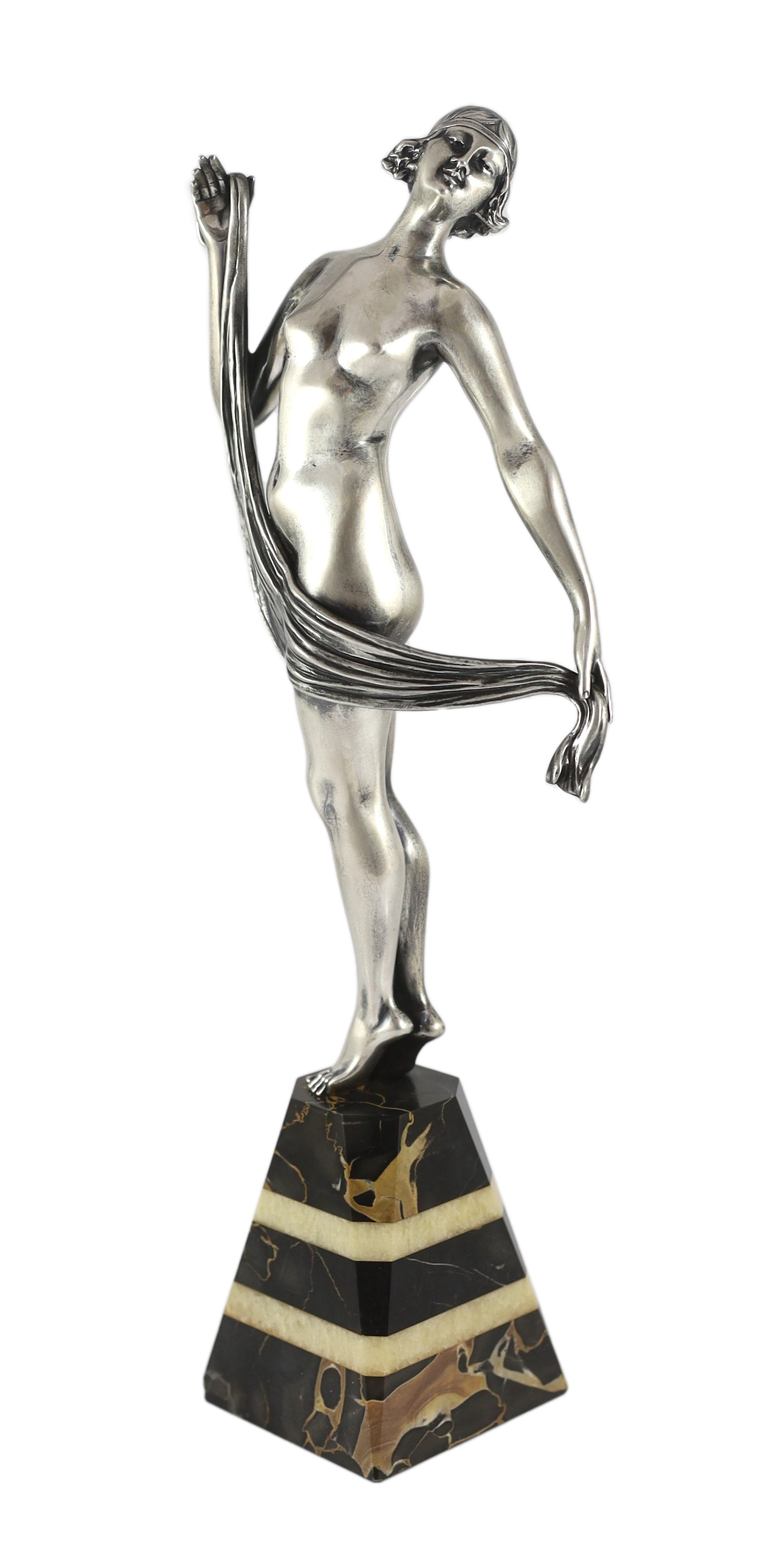 Henri Fugère (1872-1944). An Art Deco silvered bronze figure of a nude dancer 13cm wide, 39cm high